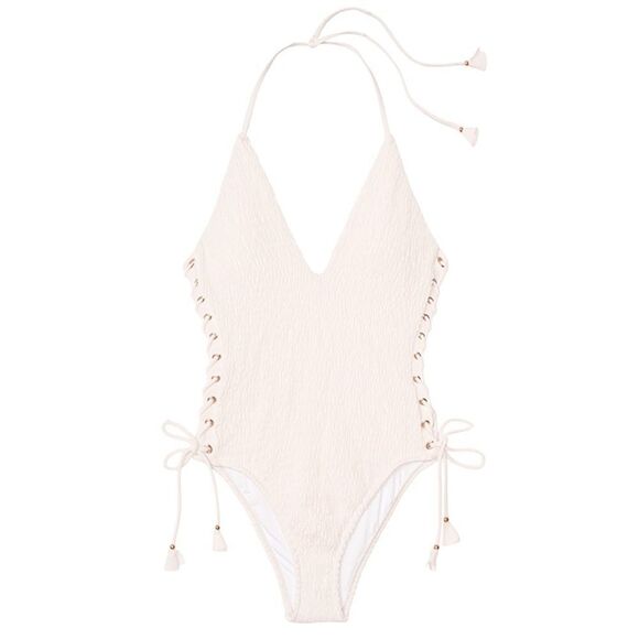 VICTORIA'S SECRET Ensenada Smocked Scrunch Lace-Up Halter One-Piece - Picture 3 of 11